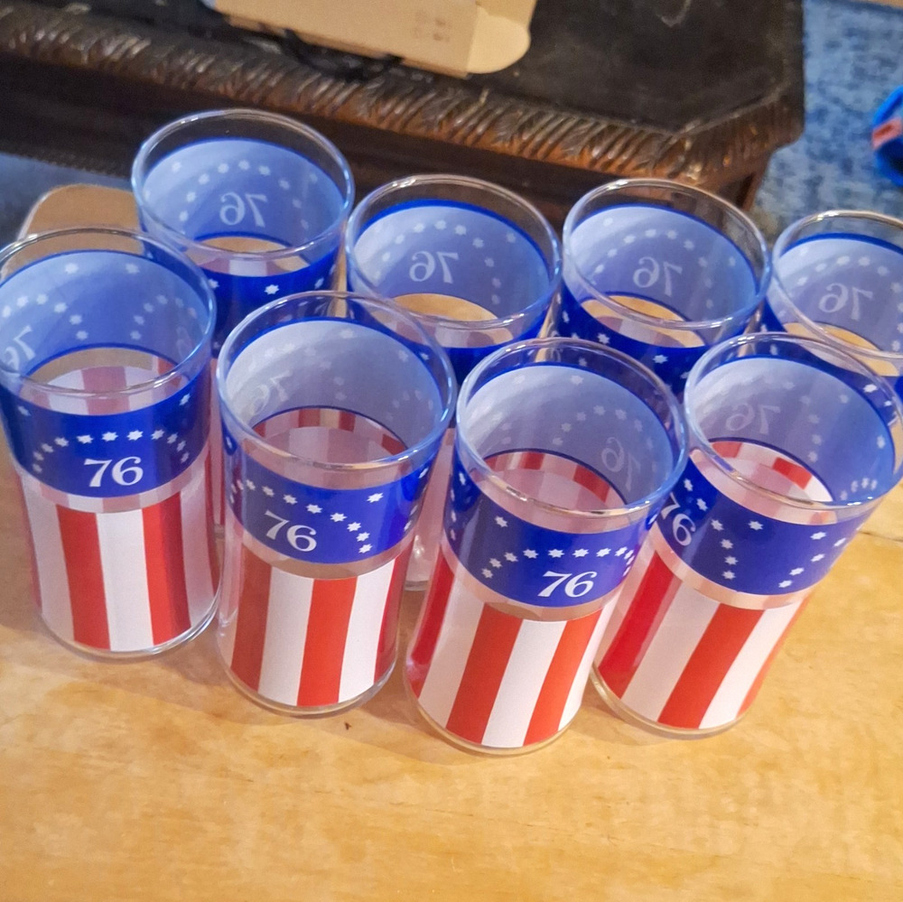 Set of 8 16 oz Glass Tumbler Glasses Stars & Stripes 1976 Bicentennial Libbey